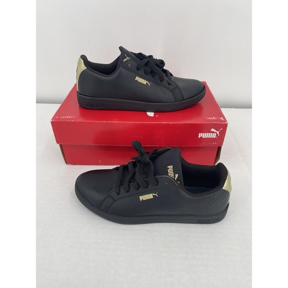 Puma Women's Smash Perforated Gold Metallic Black Leather Sneaker Shoes Size 6.5 - Picture 1 of 10